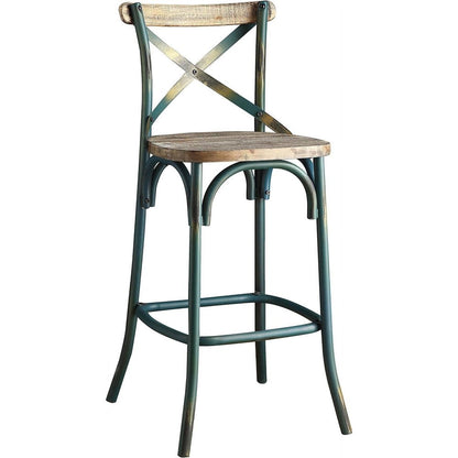 21" Brown And Sky Blue Solid Wood And Metal Bar Chair