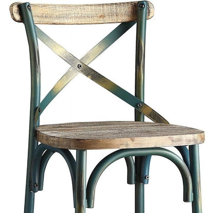 21" Brown And Sky Blue Solid Wood And Metal Bar Chair