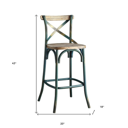 21" Brown And Sky Blue Iron Bar Chair