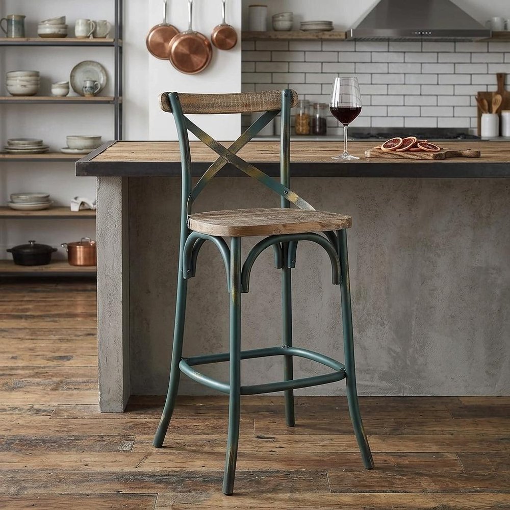 21" Brown And Sky Blue Solid Wood And Metal Bar Chair