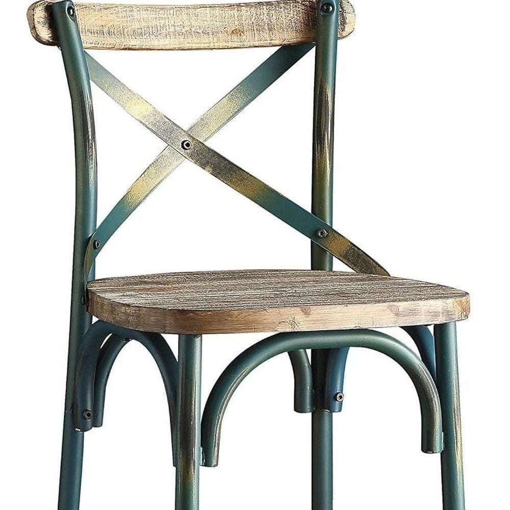 21" Brown And Sky Blue Solid Wood And Metal Bar Chair