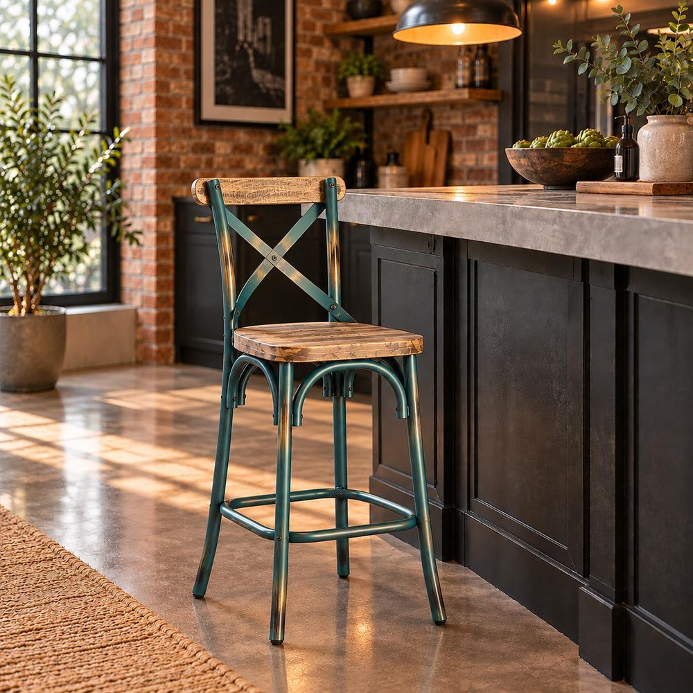21" Brown And Sky Blue Solid Wood And Metal Bar Chair