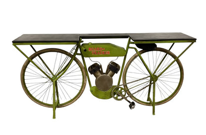 71" Brown and Green Solid Wood and Metal Bike Kitchen Cart