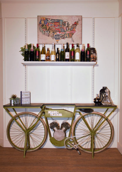 71" Brown and Green Solid Wood and Metal Bike Kitchen Cart