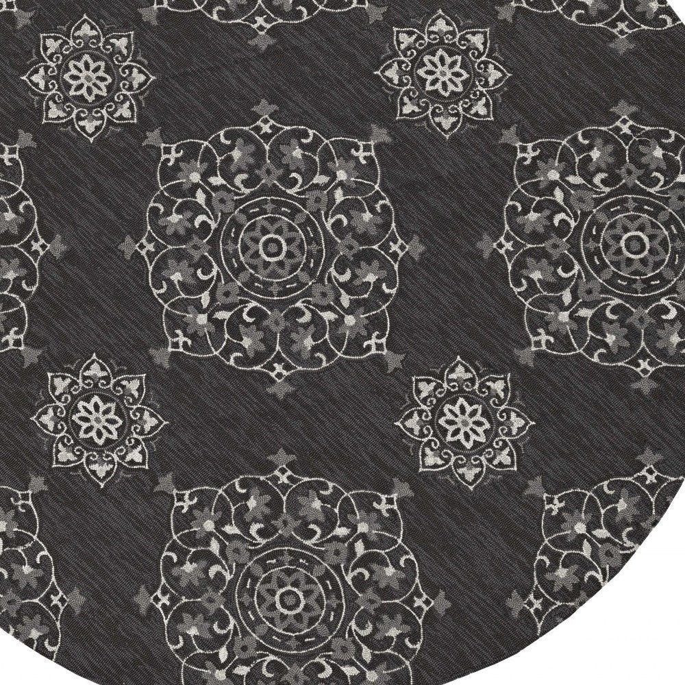 5' X 8' Charcoal Round Floral Indoor Outdoor Area Rug