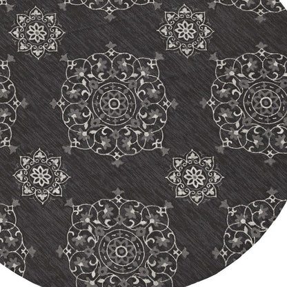 5' X 8' Charcoal Round Floral Indoor Outdoor Area Rug