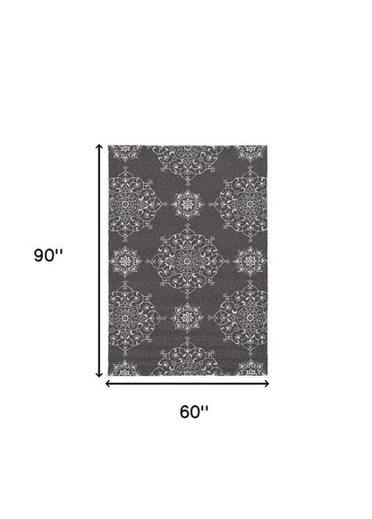 5' X 8' Charcoal Round Floral Indoor Outdoor Area Rug