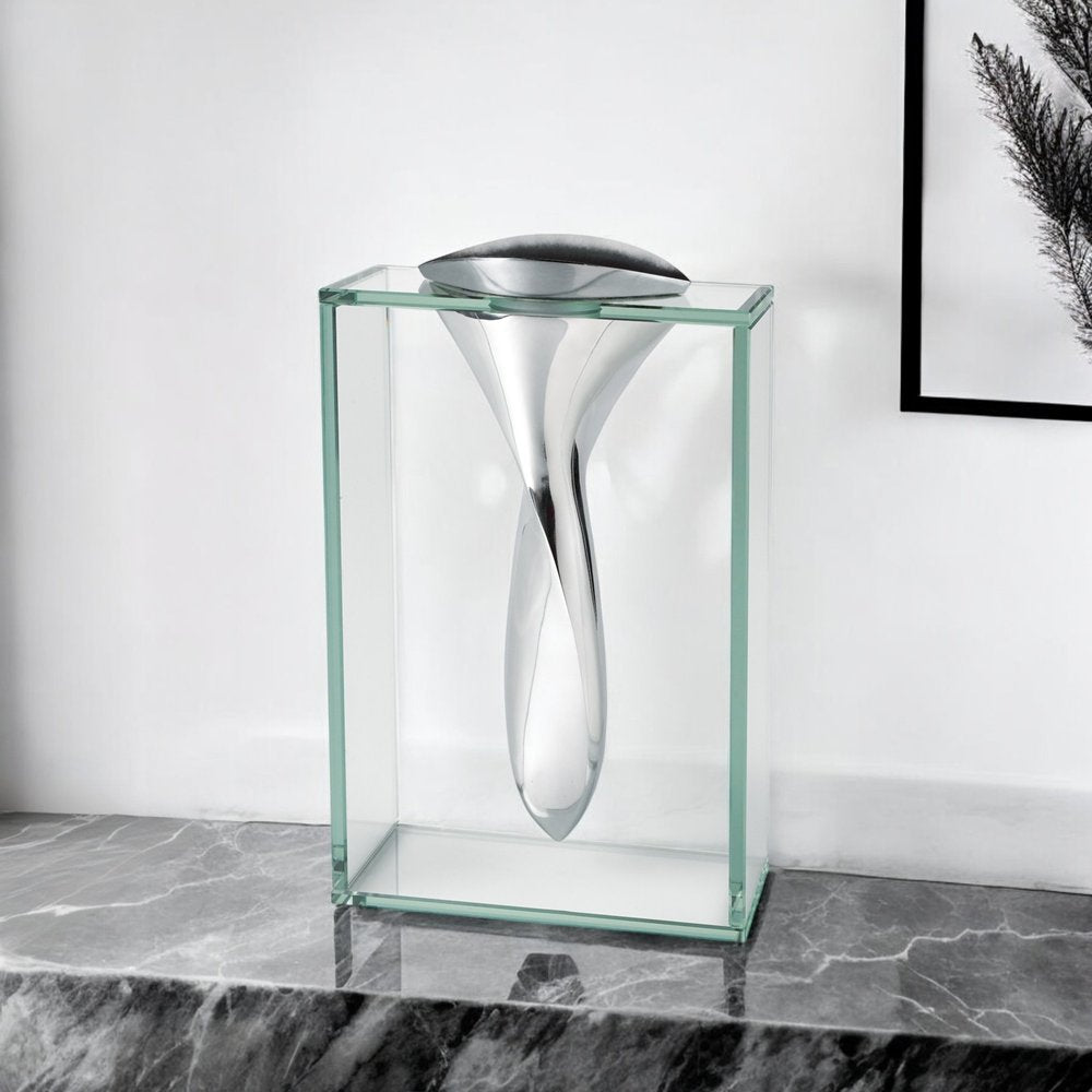 14" Clear Cylinder Aluminum And Crystal Glass Table Vase