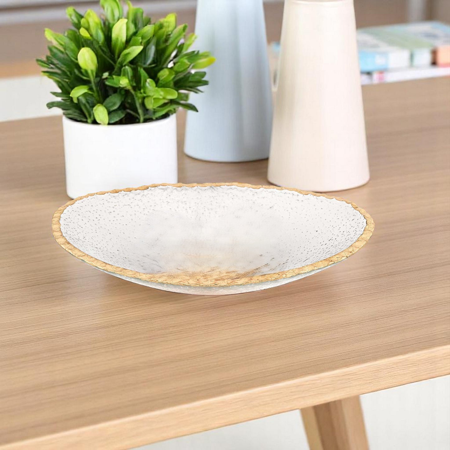8 Hand Decorated Oval Edge Gold Leaf Serving Bowl