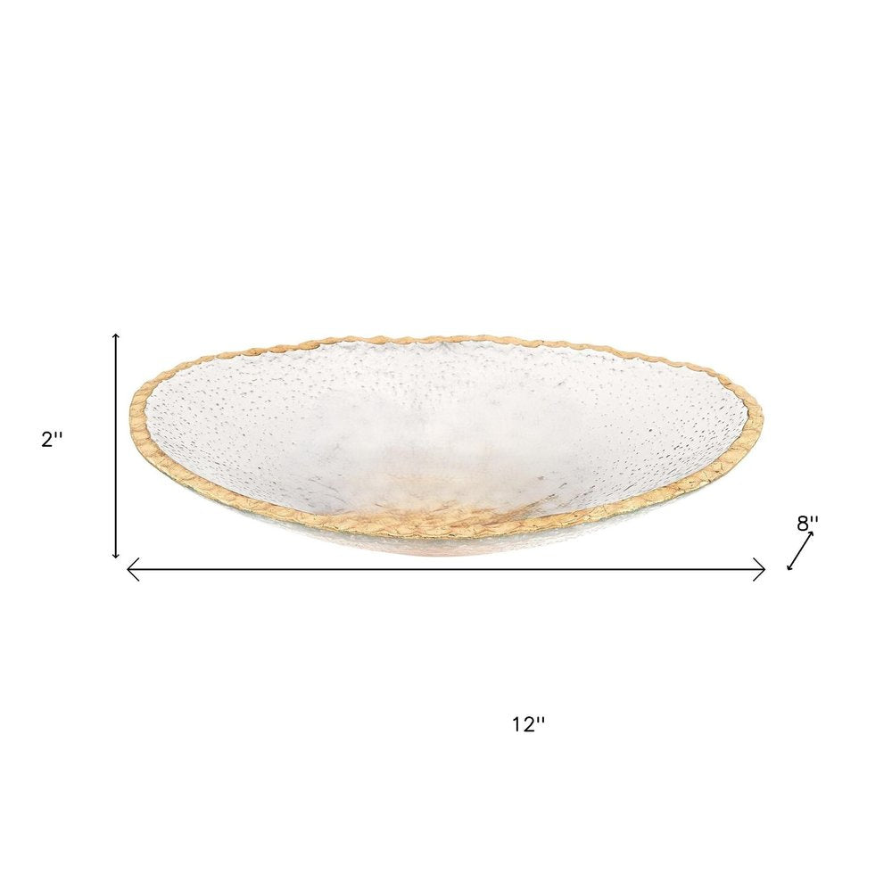 8" Clear And Gold Glass Scalloped Edge Oval Serving Bowl