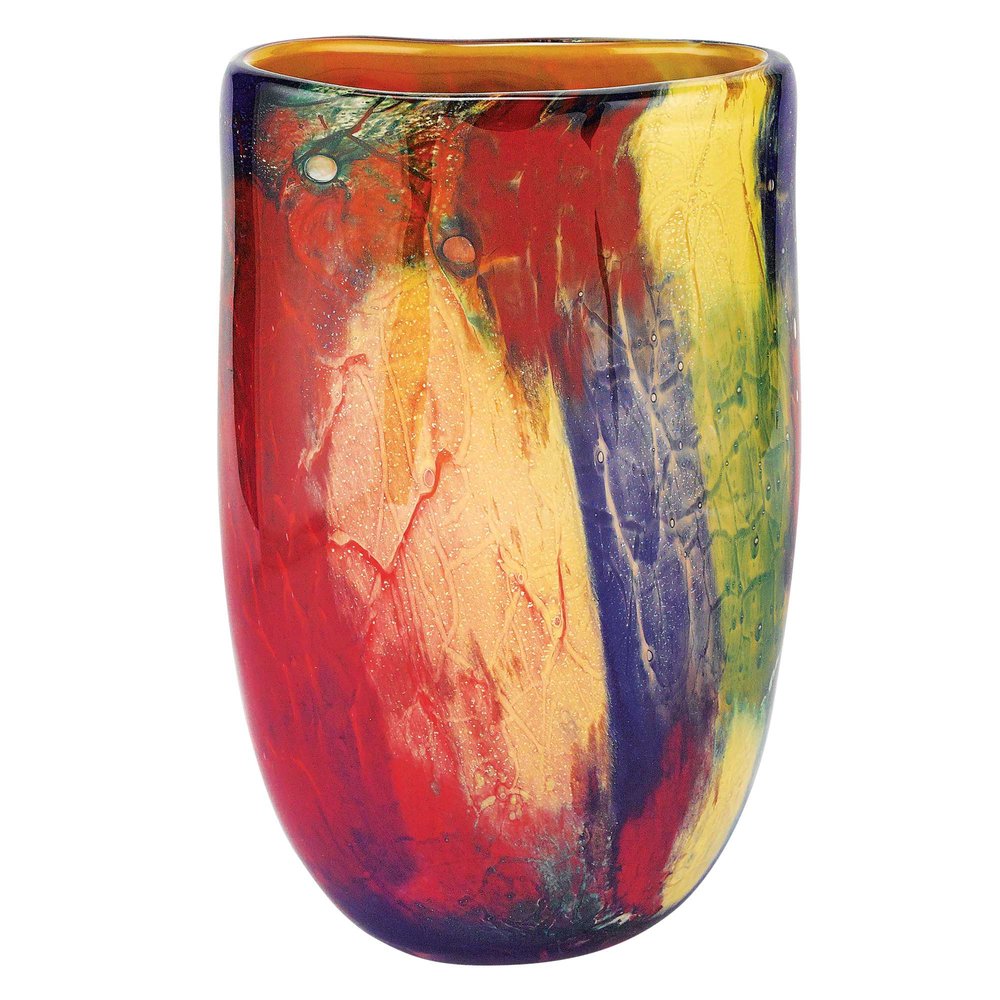 11"  Red Purple And Yellow Abstract Oval Murano Glass Table Vase