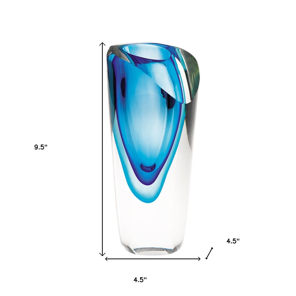 10" Clear And Blue Abstract Cylinder Lead Free Crystal Table Vase