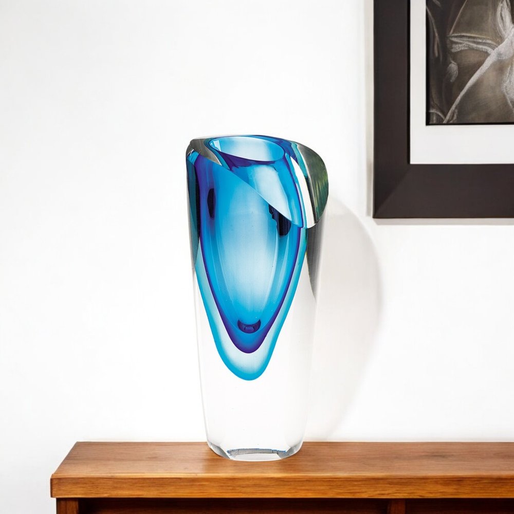 10" Clear And Blue Abstract Cylinder Lead Free Crystal Table Vase