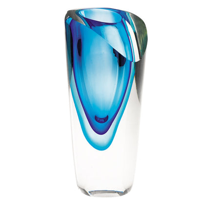 10" Clear And Blue Abstract Cylinder Lead Free Crystal Table Vase