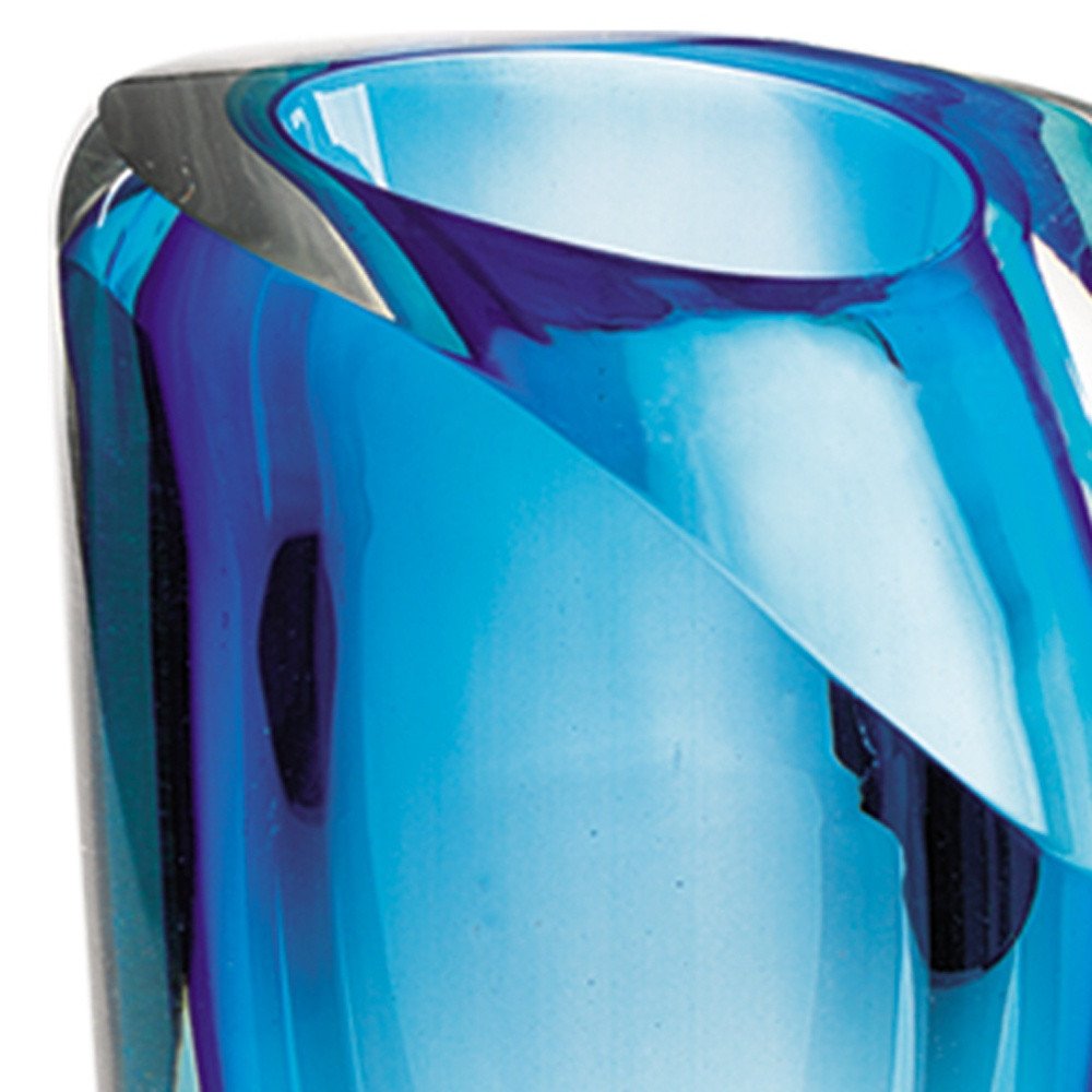 10" Clear And Blue Abstract Cylinder Lead Free Crystal Table Vase