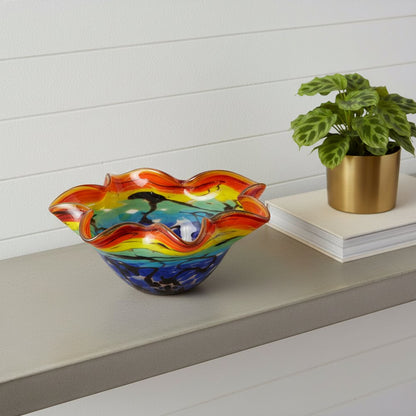9" Rainbow Multi Art Glass Wavy Centerpiece Bowl