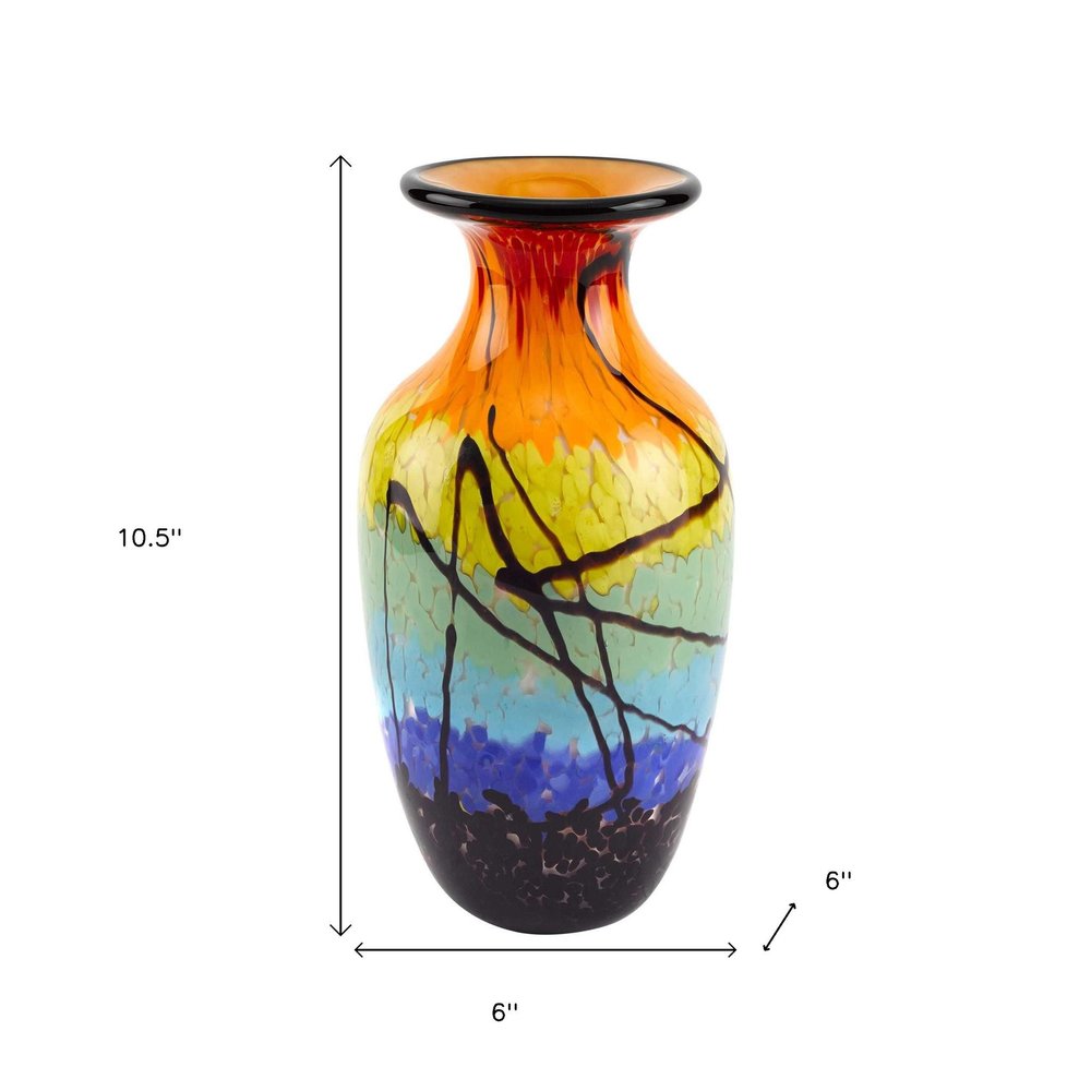 11" Black Blue Red And Yellow Abstract Urn Handblown Glass Table Vase