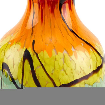 11" Black Blue Red And Yellow Abstract Urn Handblown Glass Table Vase
