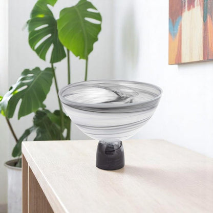 10" Black and Gray Swirl Mouth Blown Glass Footed Centerpiece Bowl