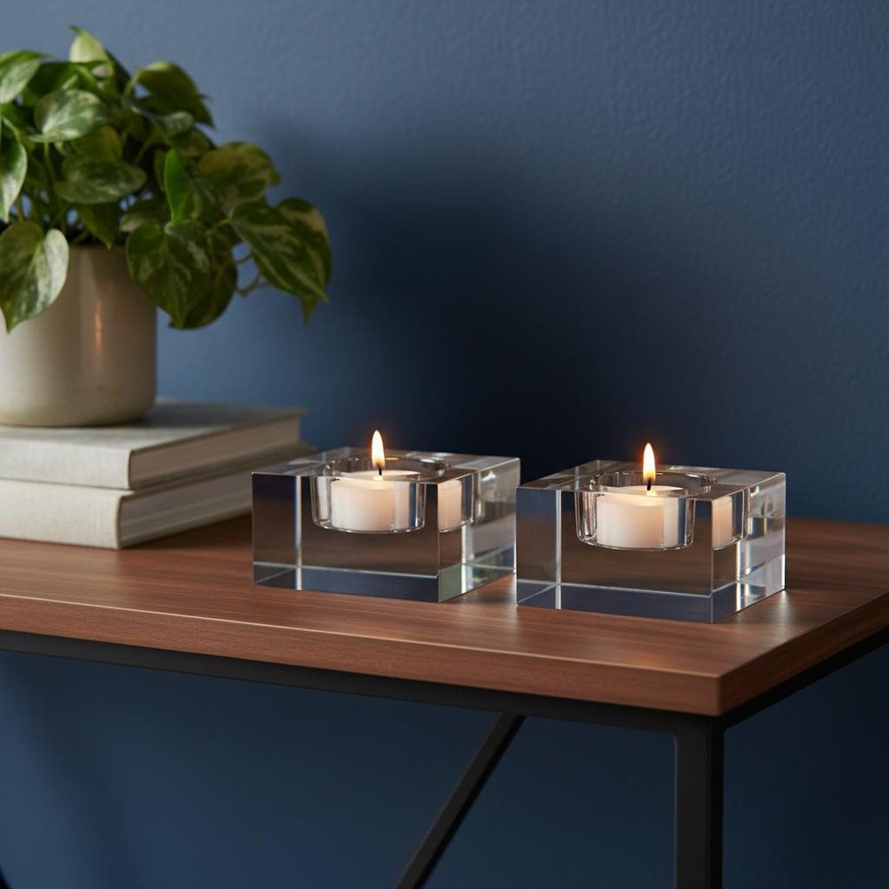 Hand Crafted Crystal Block Pair Of Tlite Holders