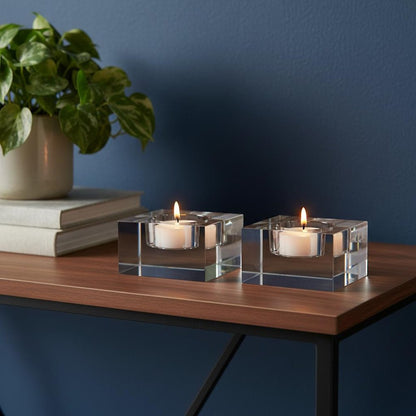 Hand Crafted Crystal Block Pair Of Tlite Holders