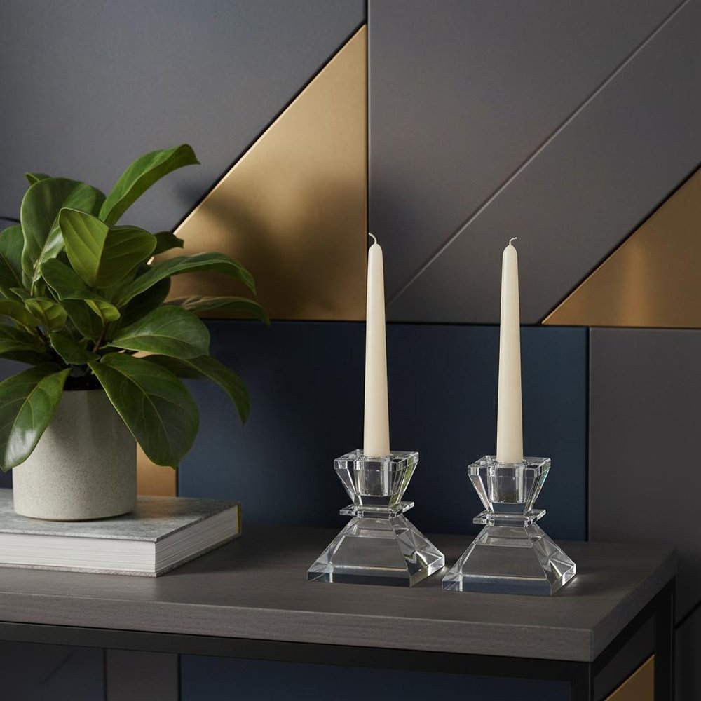 Set of Two Clear Crystal Tabletop Taper Candlesticks