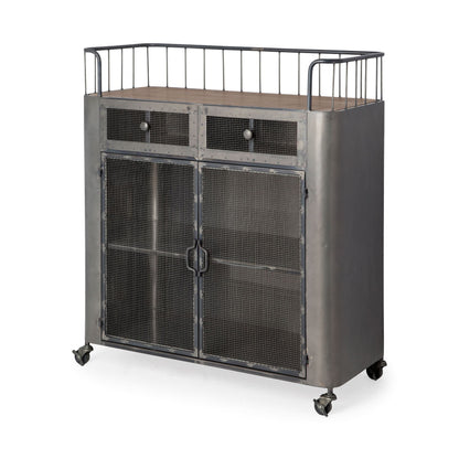 35" Gray Steel Metal And Wood Rolling Kitchen Bar Cart
