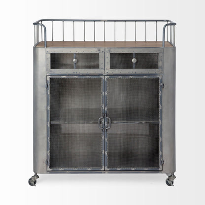 35" Gray Steel Metal And Wood Rolling Kitchen Bar Cart