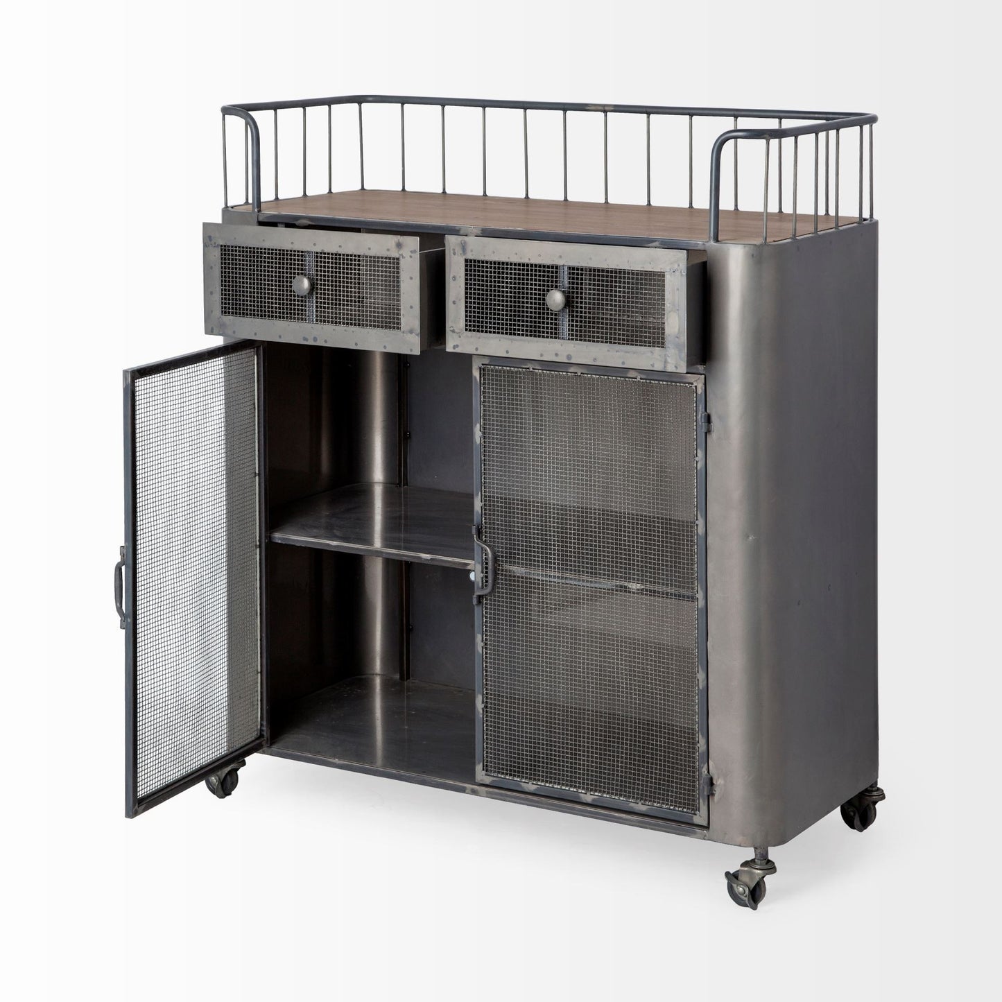 35" Gray Steel Metal And Wood Rolling Kitchen Bar Cart