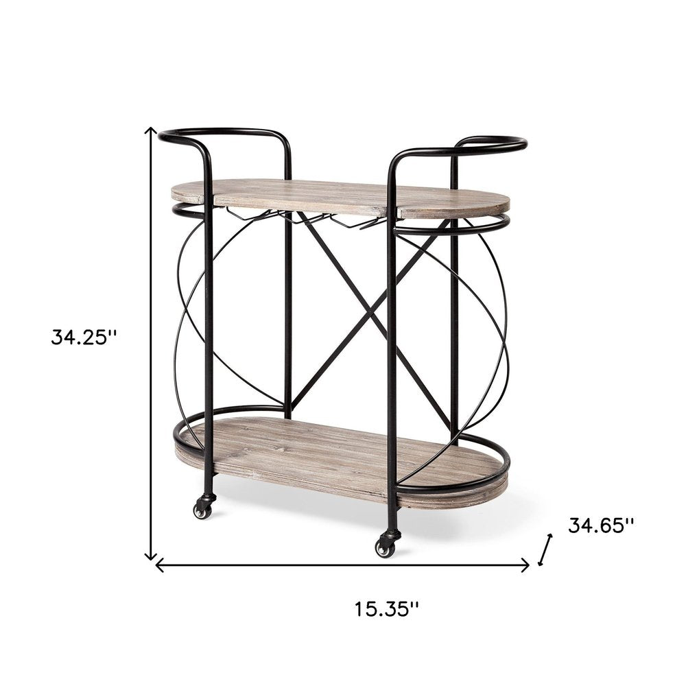 15" Black Solid Wood and Steel Round Rolling Kitchen Cart With Storage