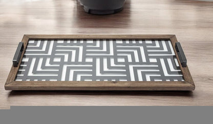 32" Brown and Black Glass Metal And Wood Geometric Serving Tray With Handles