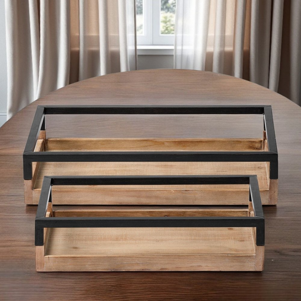 Set of Two Brown Wood Indoor Outdoor Tray With Handles