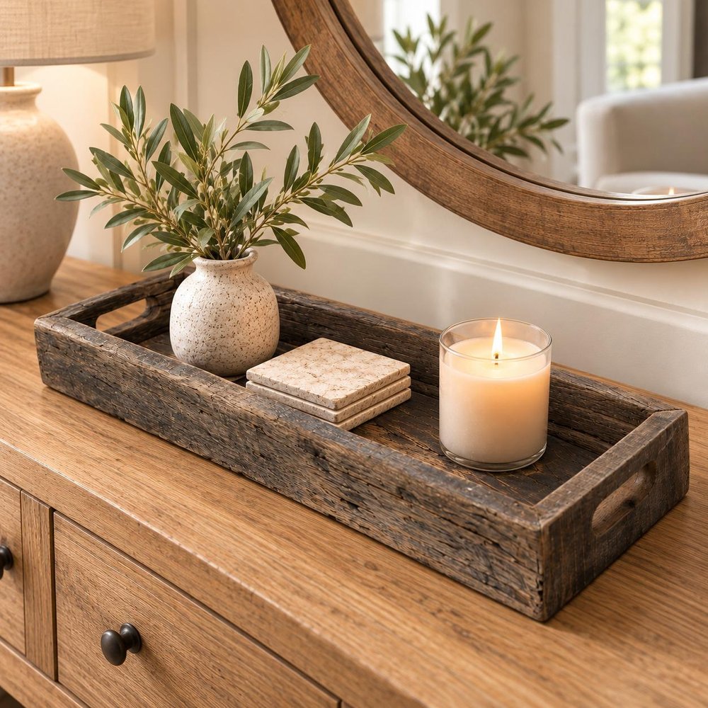 24" Brown Solid Wood Handmade Vanity Tray With Handles
