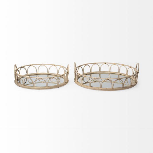 Set of Two Brown Round Wood Indoor Outdoor Vanity Tray With Handles
