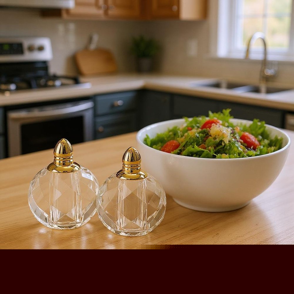 Set of Two Clear And Gold Crystal Geometric Pepper Shakers