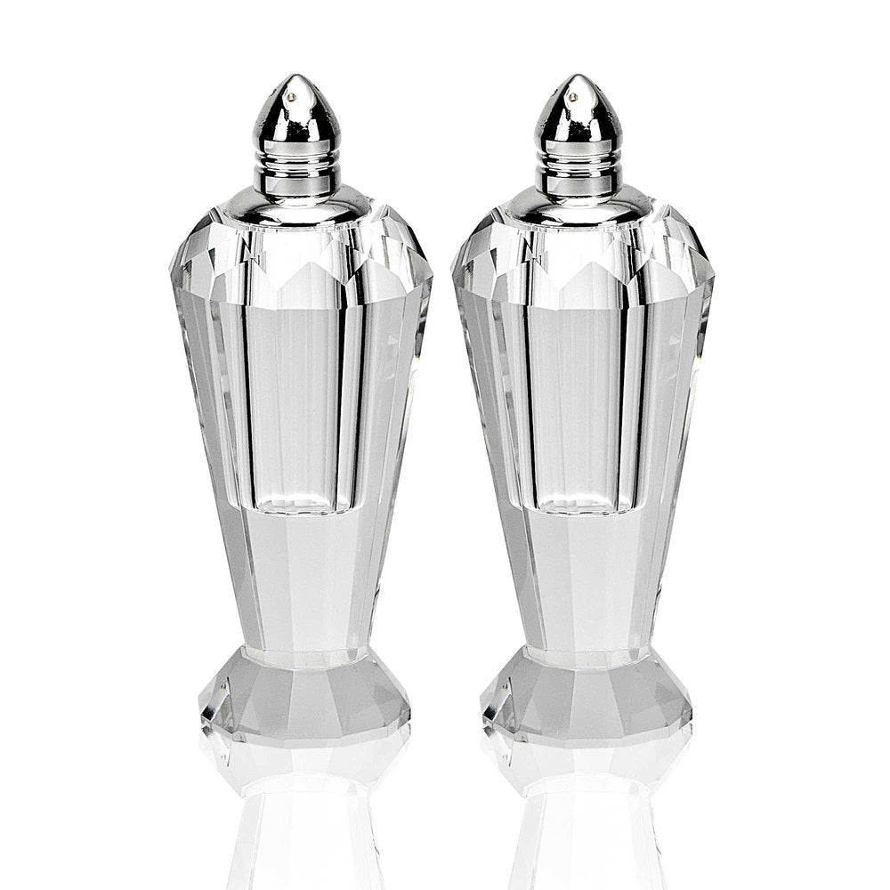 Set of Two Clear And Silver Crystal Geometric Pepper Shakers
