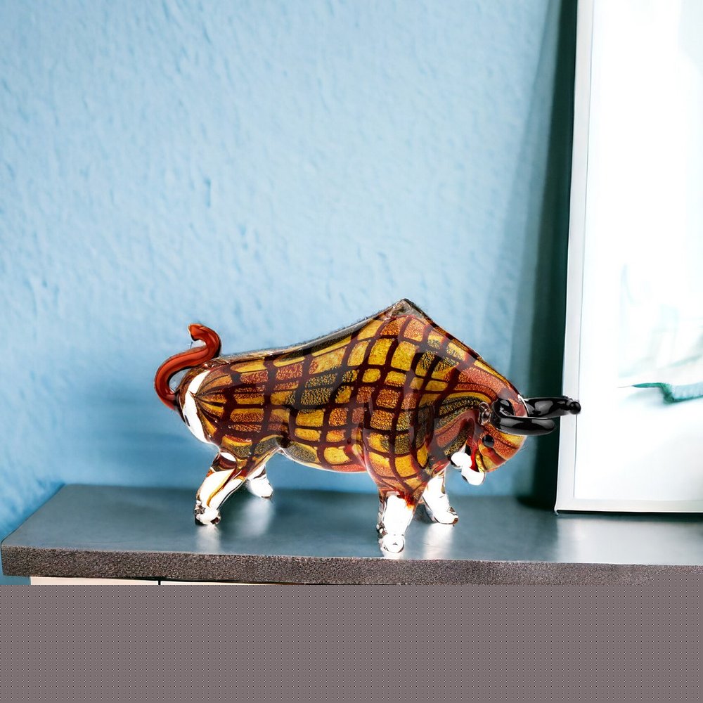 9" Clear Brown and Black Murano Glass Bull Figurine Tabletop Sculpture