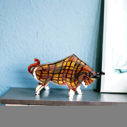 9" Clear Brown and Black Murano Glass Bull Figurine Tabletop Sculpture