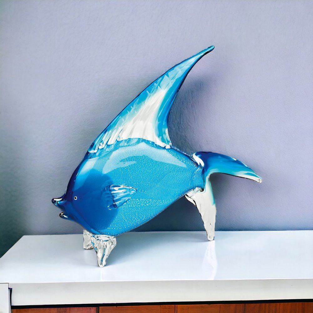 16" Blue Murano Glass Fish Figurine Tabletop Sculpture
