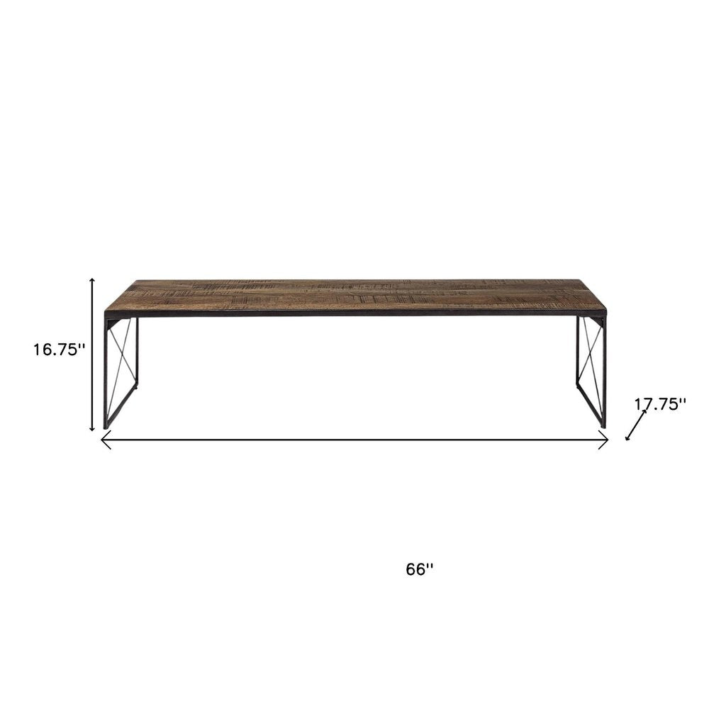 66" Brown And Black Iron and Solid Wood Bench