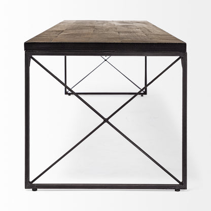 66" Brown And Black Iron and Solid Wood Bench