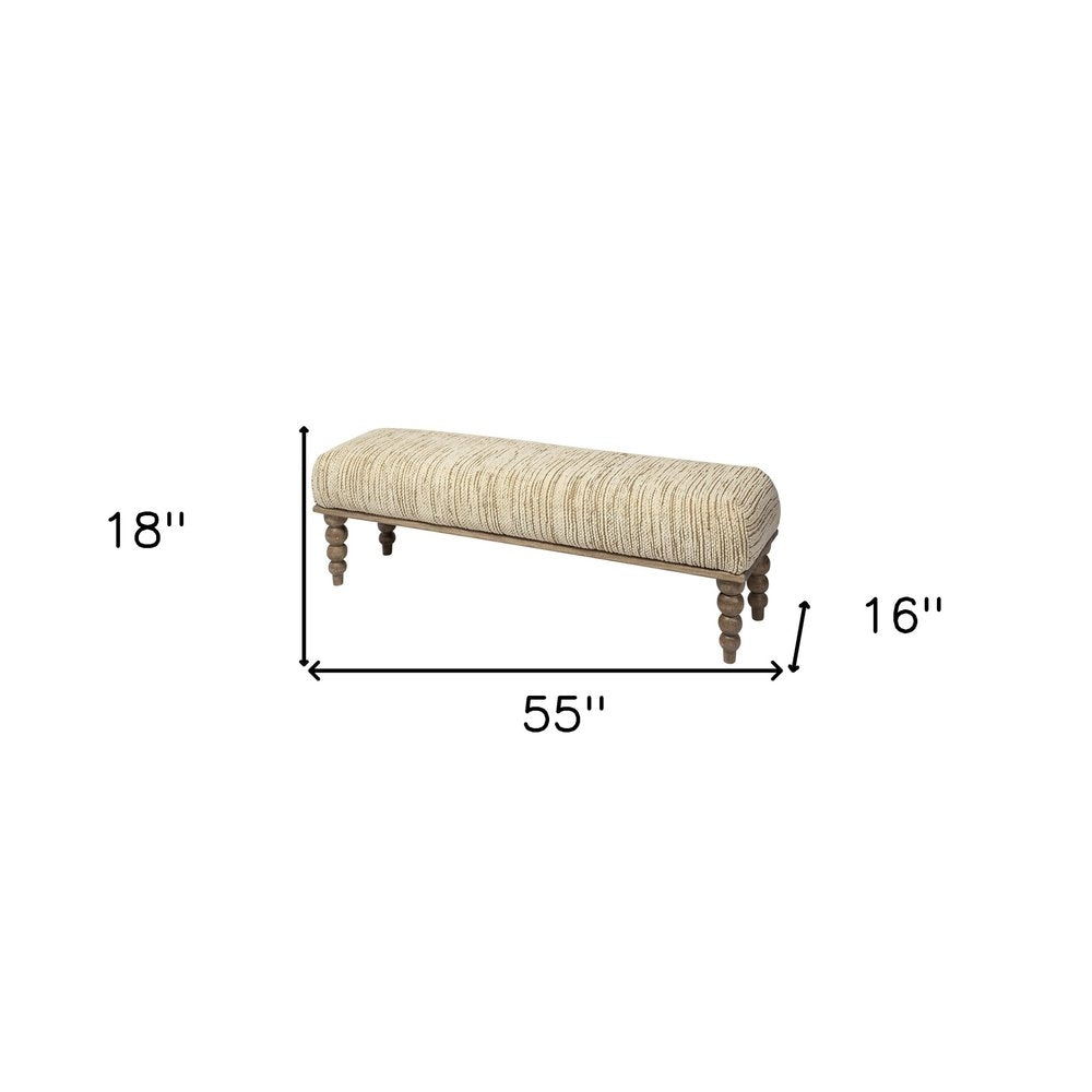 55" Cream And Brown Fabric And Solid Wood Upholstered Entryway Stool