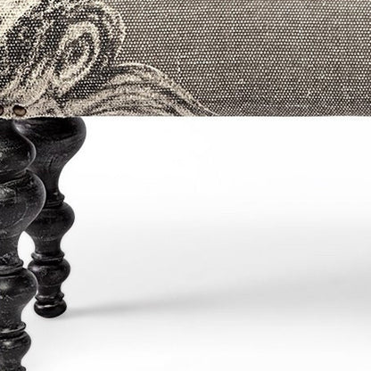 55" Gray And Black Floral Cotton Blend And Wood Upholstered Entryway Stool
