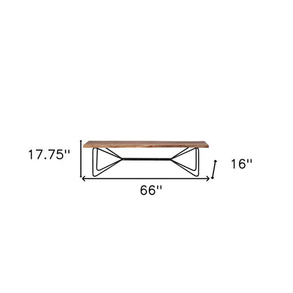 66" Brown and Black Distressed Live Edge Solid Wood Dining Bench