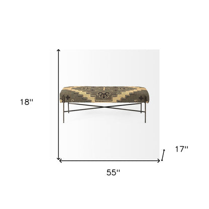 55" Green Brown and Black Upholstered Abstract Cotton Blend Bench