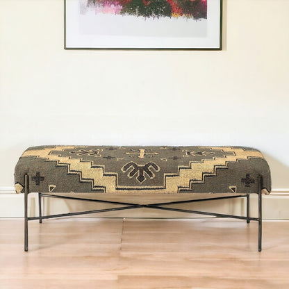 55" Green Brown and Black Upholstered Abstract Cotton Blend Bench