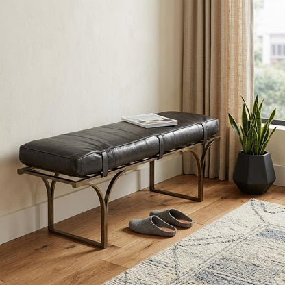 55" Black And Antiqued Brass Genuine Leather And Iron Upholstered Entryway Stool