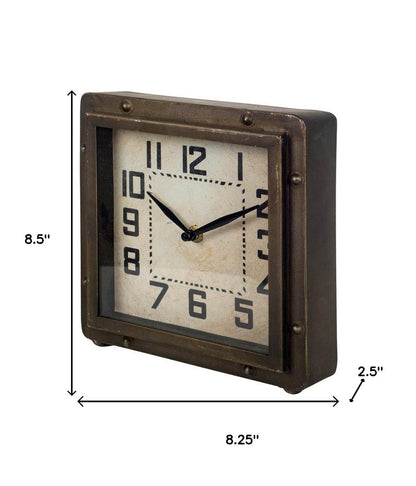 Square  Bronze Toned Metal Desk Table Clock With Traditional Black Numbers And Hands