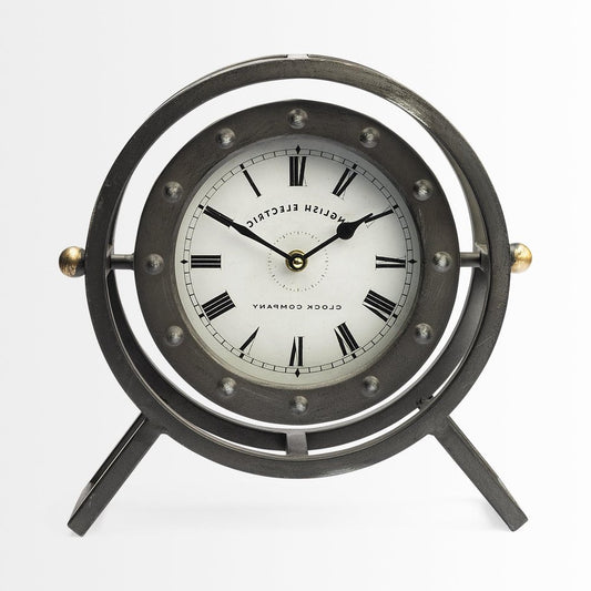 12" Black And White Metal Table Clock