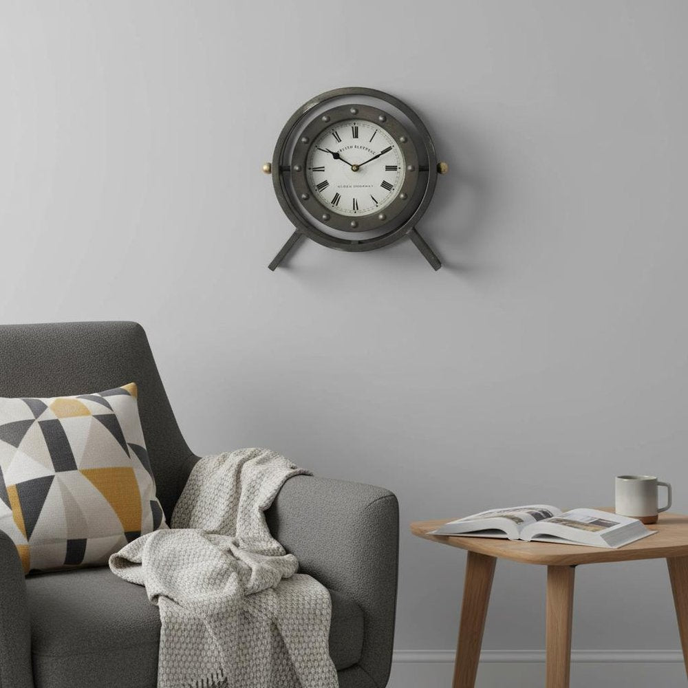 Gray Metal Circular Desk  Table Clock With Rivet Detail Frame